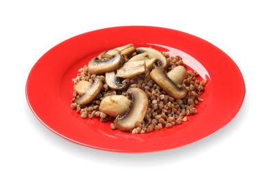 Photo of Tasty buckwheat with mushrooms isolated on white
