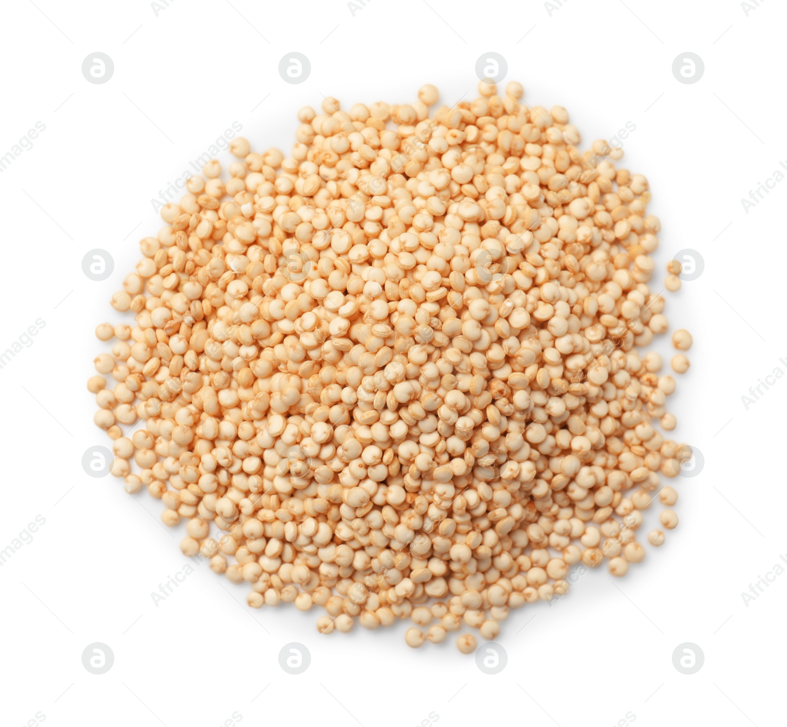 Photo of Many raw quinoa seeds isolated on white, top view