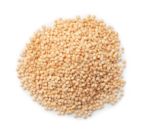 Many raw quinoa seeds isolated on white, top view