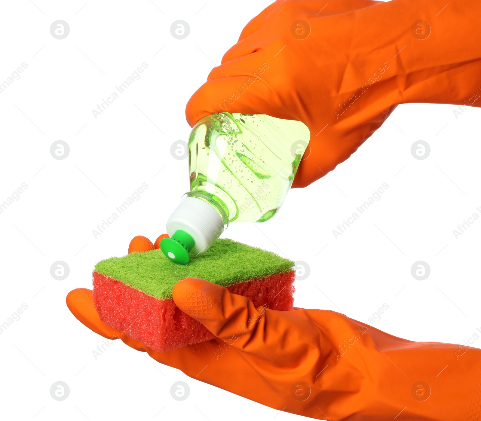 Photo of Person pouring cleaning product for dish washing onto sponge on white background, closeup