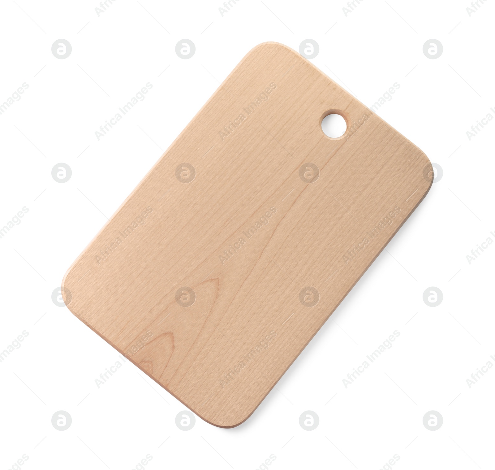 Photo of One wooden cutting board isolated on white, top view