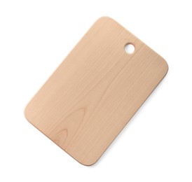 Photo of One wooden cutting board isolated on white, top view