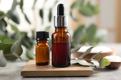 Photo of Aromatherapy. Bottles of essential oil and eucalyptus leaves on grey table