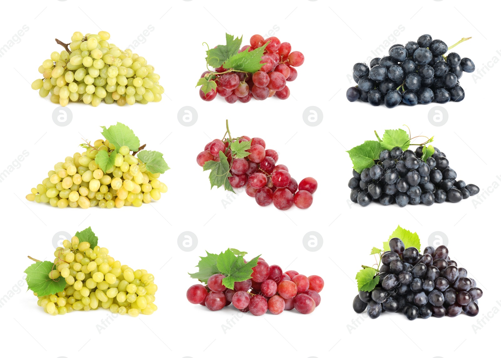 Image of Set with different fresh ripe grapes on white background