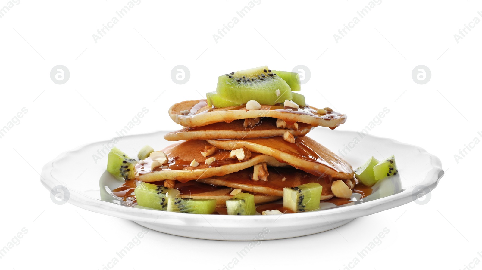 Photo of Plate with delicious pancakes on white background