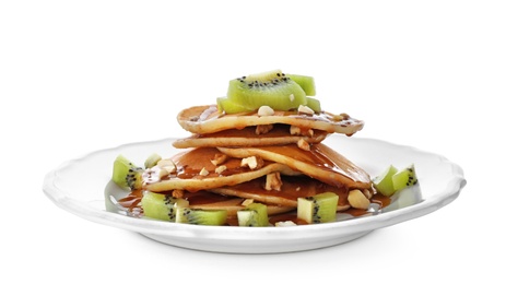 Photo of Plate with delicious pancakes on white background