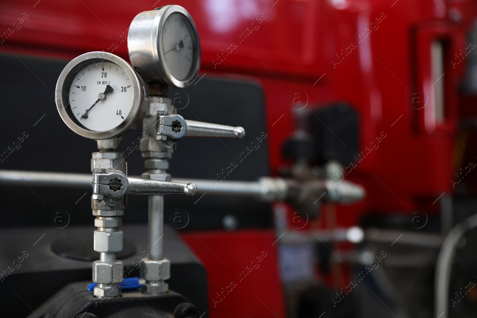 Photo of Pressure gauges at modern granary. Space for text