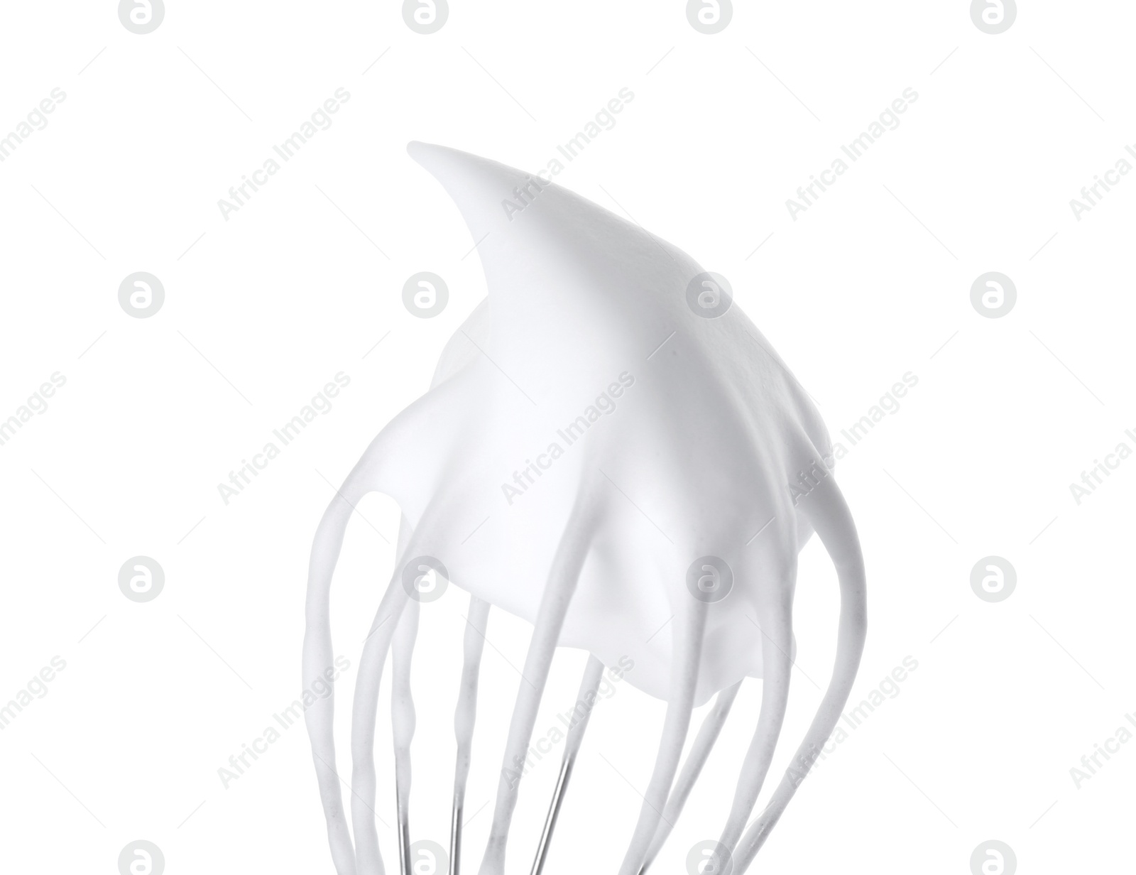 Photo of Whisk with whipped cream isolated on white