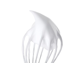 Photo of Whisk with whipped cream isolated on white