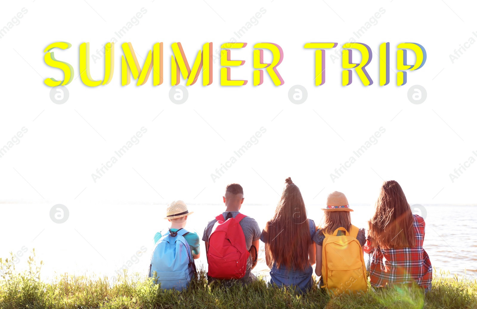 Image of Group of children with backpacks on coast. Summer trip