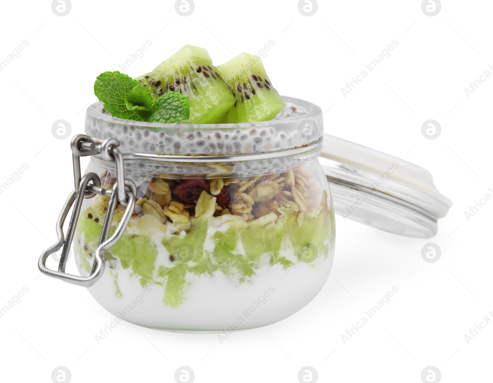 Photo of Delicious dessert with kiwi and chia seeds isolated on white