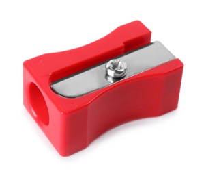 Image of Bright red pencil sharpener isolated on white. School stationery