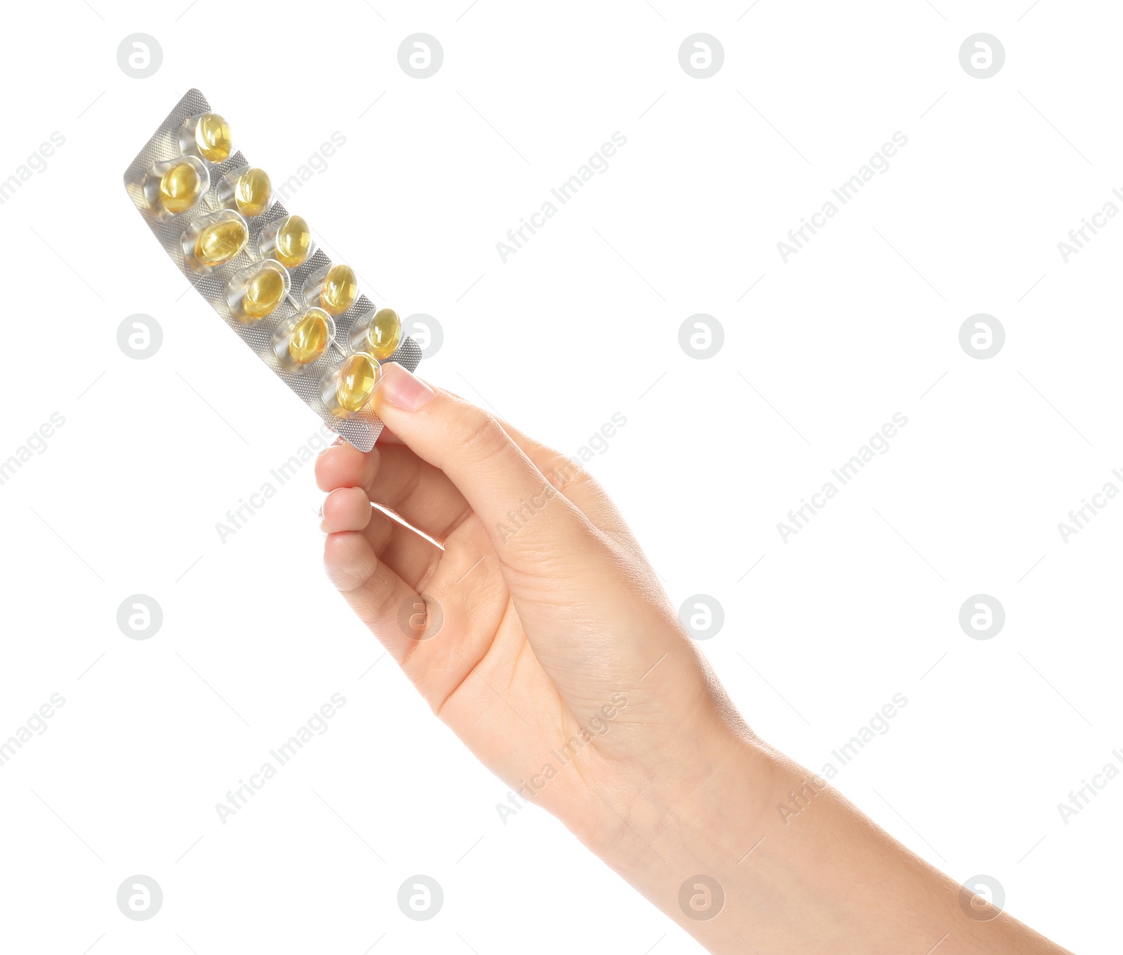 Photo of Woman holding pills in blister pack on white background, closeup