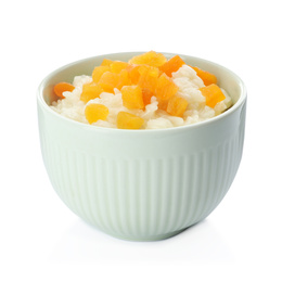 Photo of Delicious rice pudding with dried apricots isolated on white
