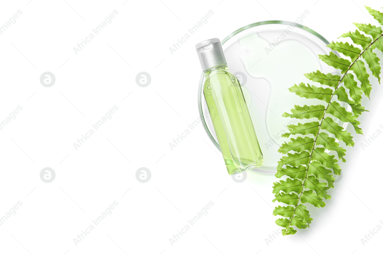 Photo of Petri dish with cosmetic product and leaf on white background, top view