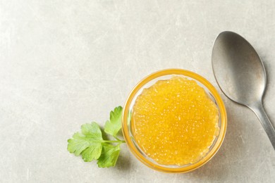 Photo of Fresh pike caviar in bowl, parsley and spoon on light grey table, top view. Space for text