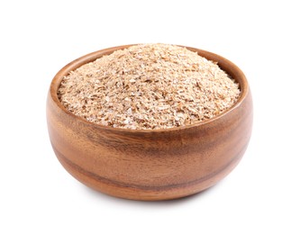 Photo of Wheat bran in wooden bowl on white background