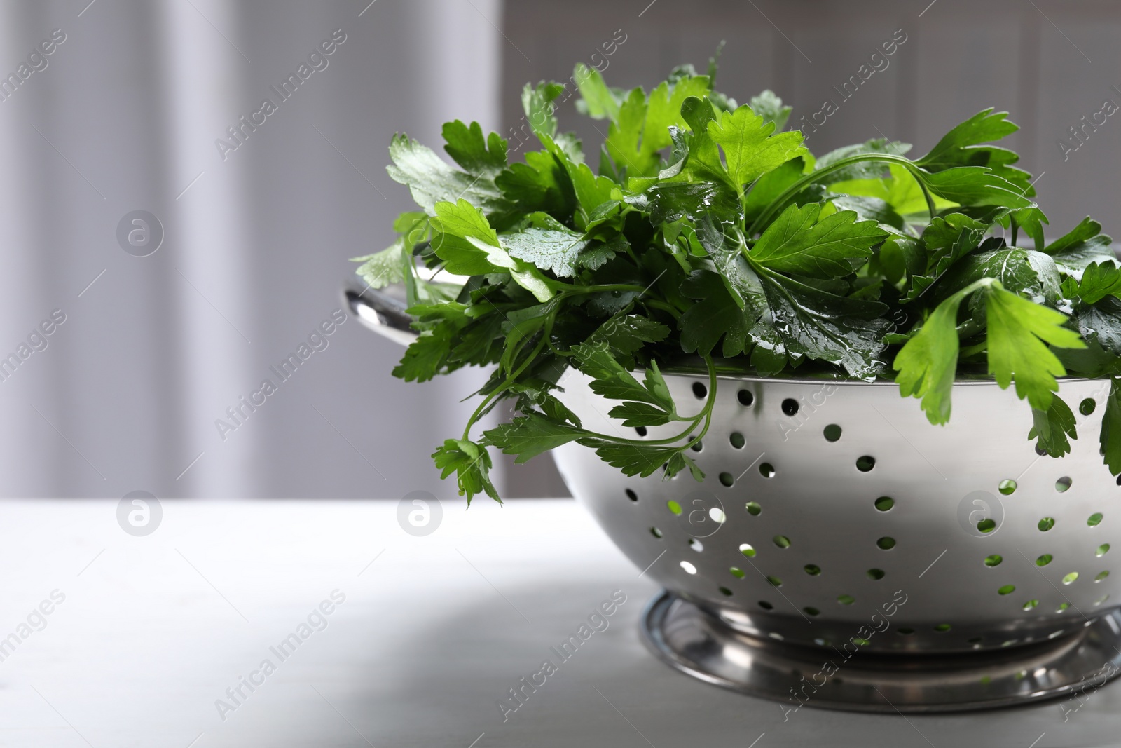 Photo of Fresh green parsley on table, closeup. Space for text