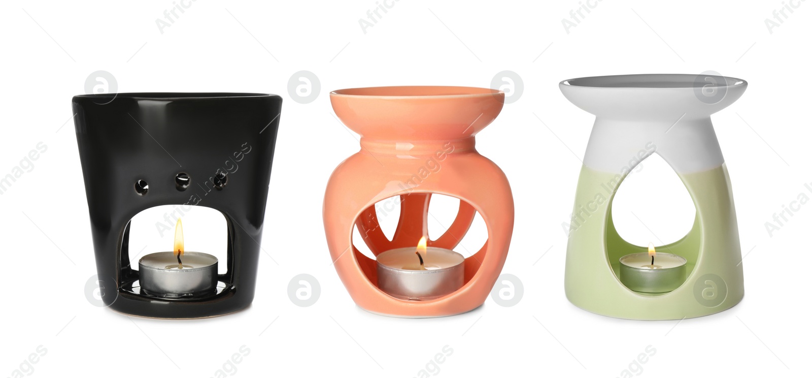 Image of Set with different stylish aroma lamps on white background. Banner design