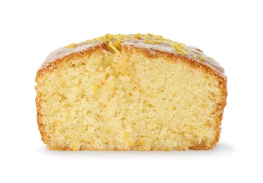 Photo of Tasty cut lemon cake with glaze isolated on white