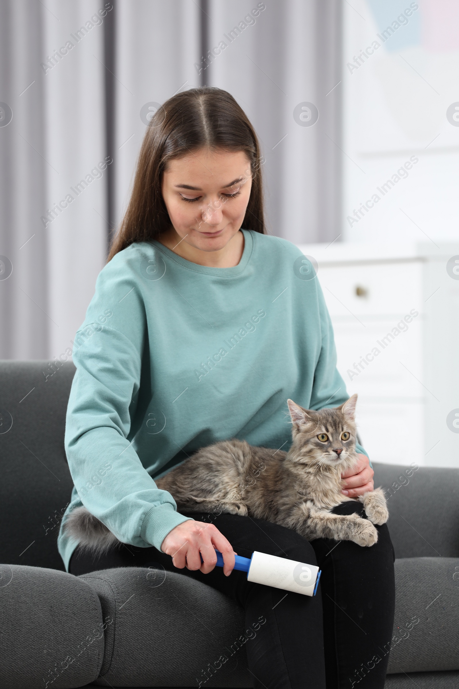 Photo of Pet shedding. Woman with lint roller removing cat`s hair from trousers on sofa at home