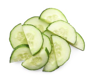 Photo of Slices of fresh cucumber isolated on white, top view