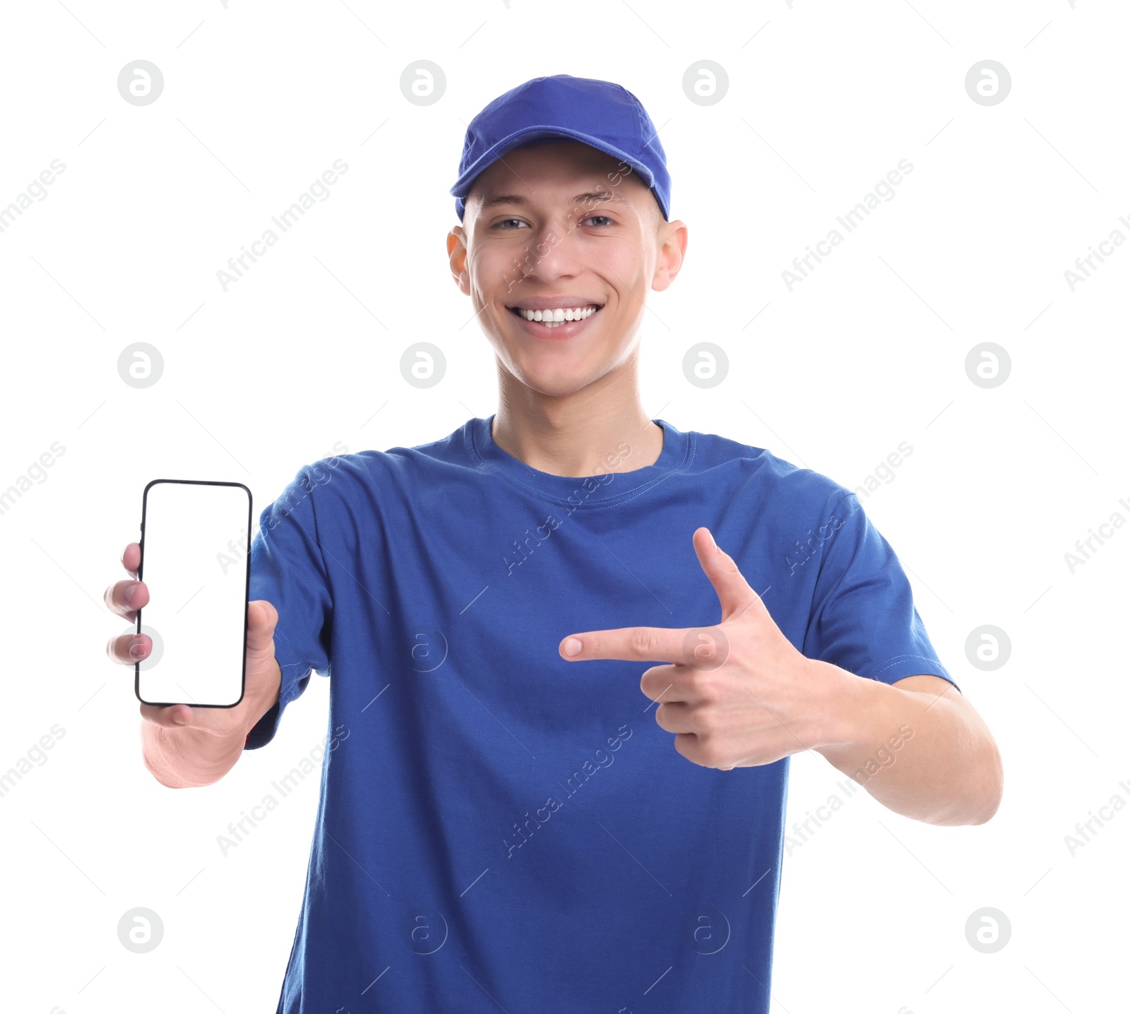 Photo of Happy courier pointing at smartphone on white background