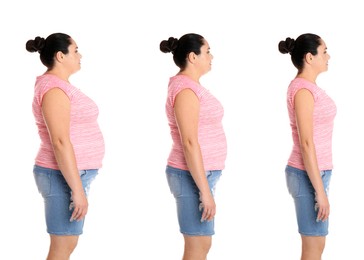 Image of Woman before and after weight loss on white background, collage