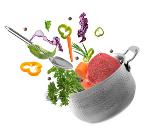 Image of Pot and fresh ingredients for soup on white background