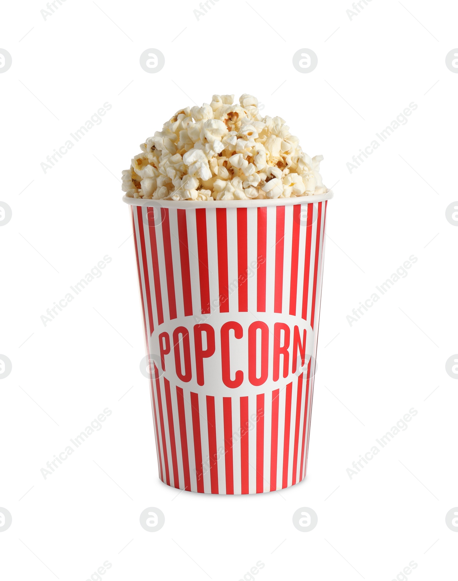 Photo of Delicious popcorn in paper cup isolated on white