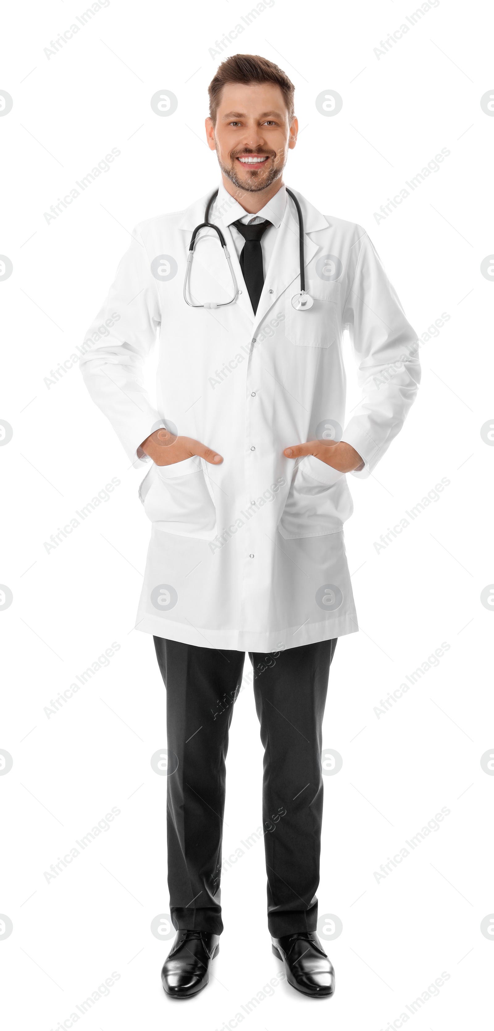 Photo of Full length portrait of smiling male doctor isolated on white. Medical staff