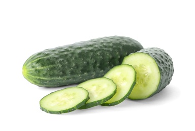 Photo of Whole and sliced fresh cucumbers on white background