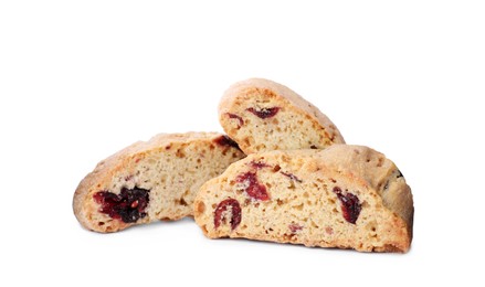 Photo of Slices of tasty cantucci with berry on white background. Traditional Italian almond biscuits