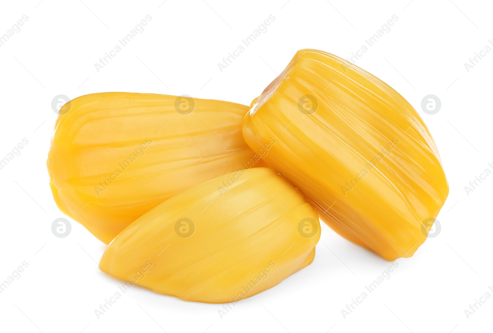 Photo of Delicious exotic jackfruit bulbs on white background