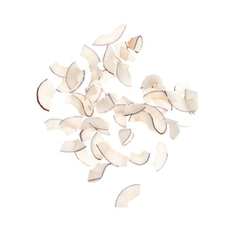 Fresh coconut flakes on white background, top view