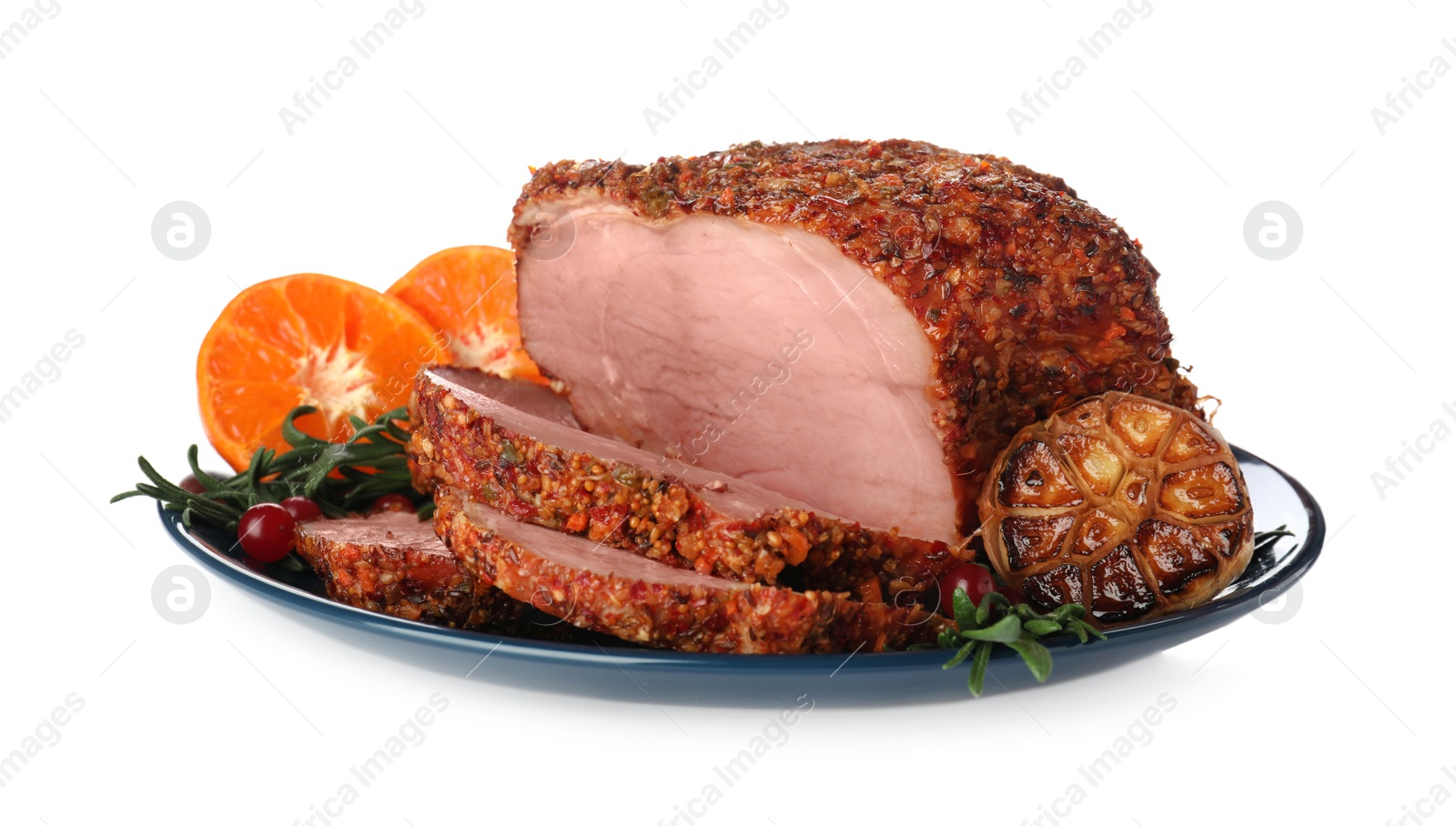 Photo of Plate with homemade delicious ham on white background. Festive dinner