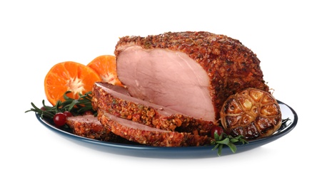 Photo of Plate with homemade delicious ham on white background. Festive dinner