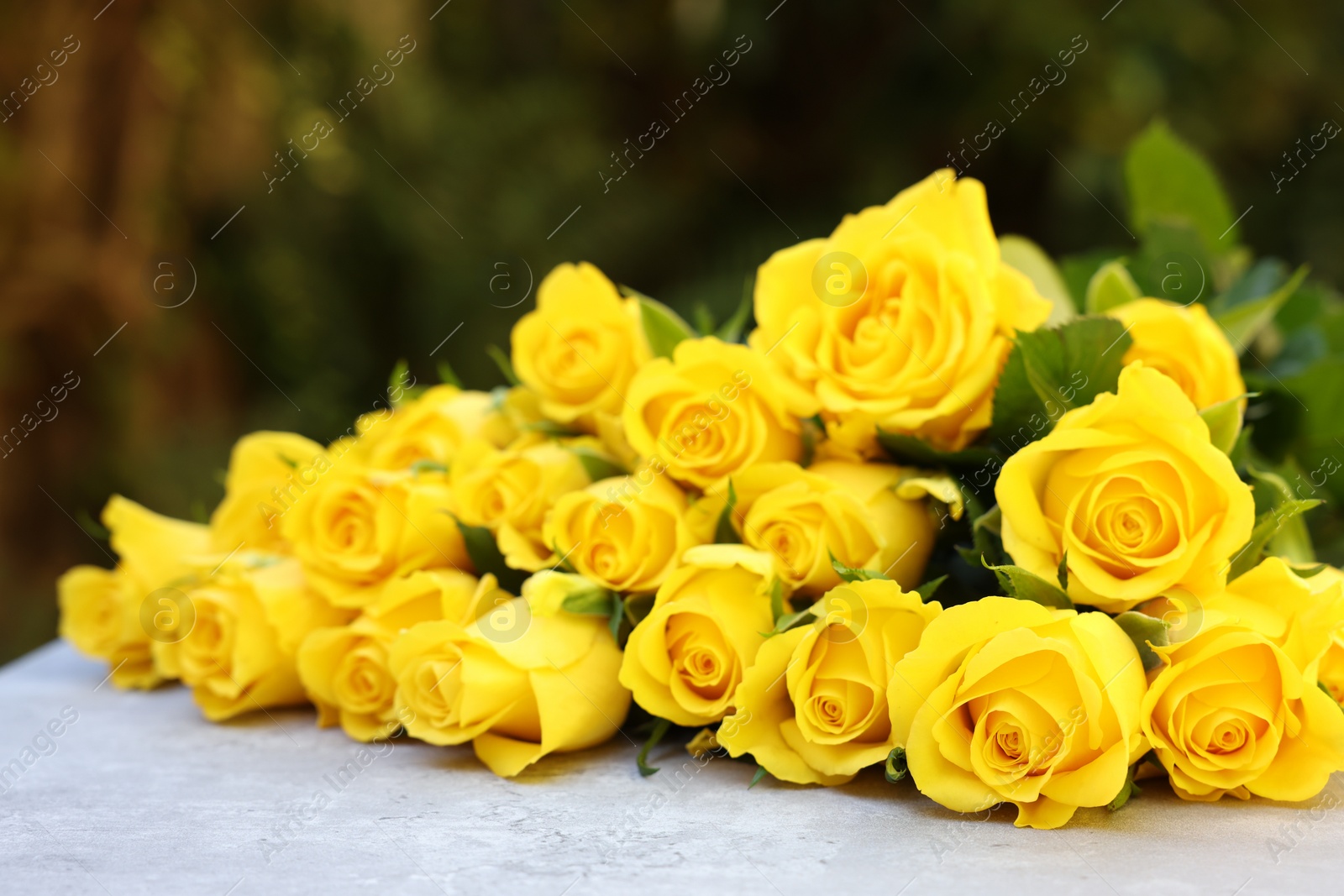 Photo of Beautiful bouquet of yellow roses on light table outdoors