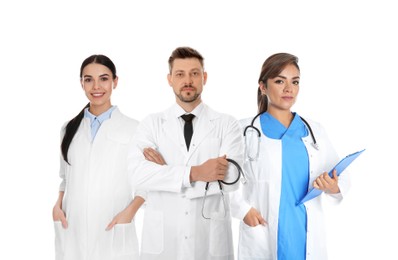 Image of Collage with photos of doctors on white background