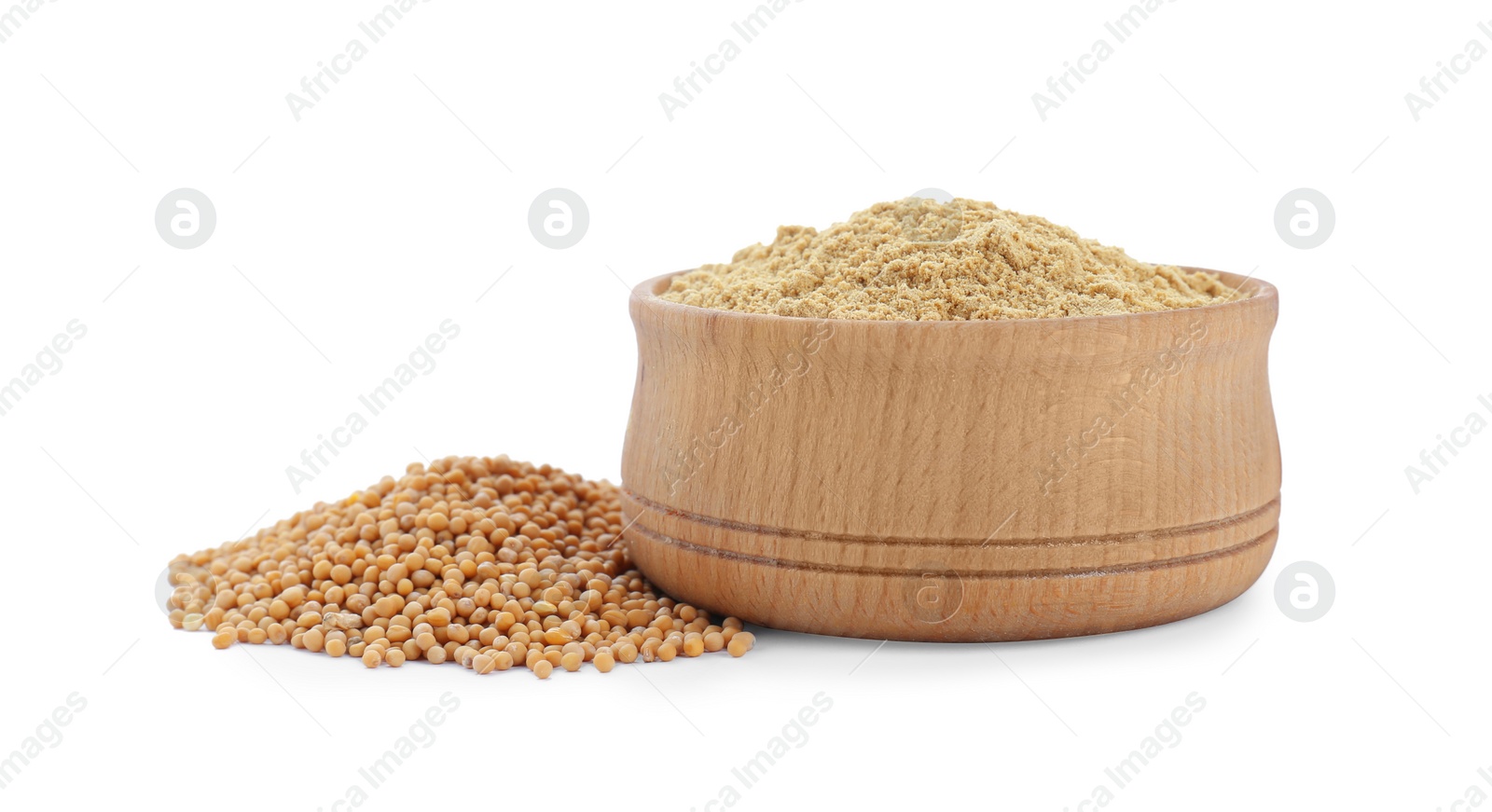 Photo of Aromatic mustard powder in wooden bowl and seeds on white background