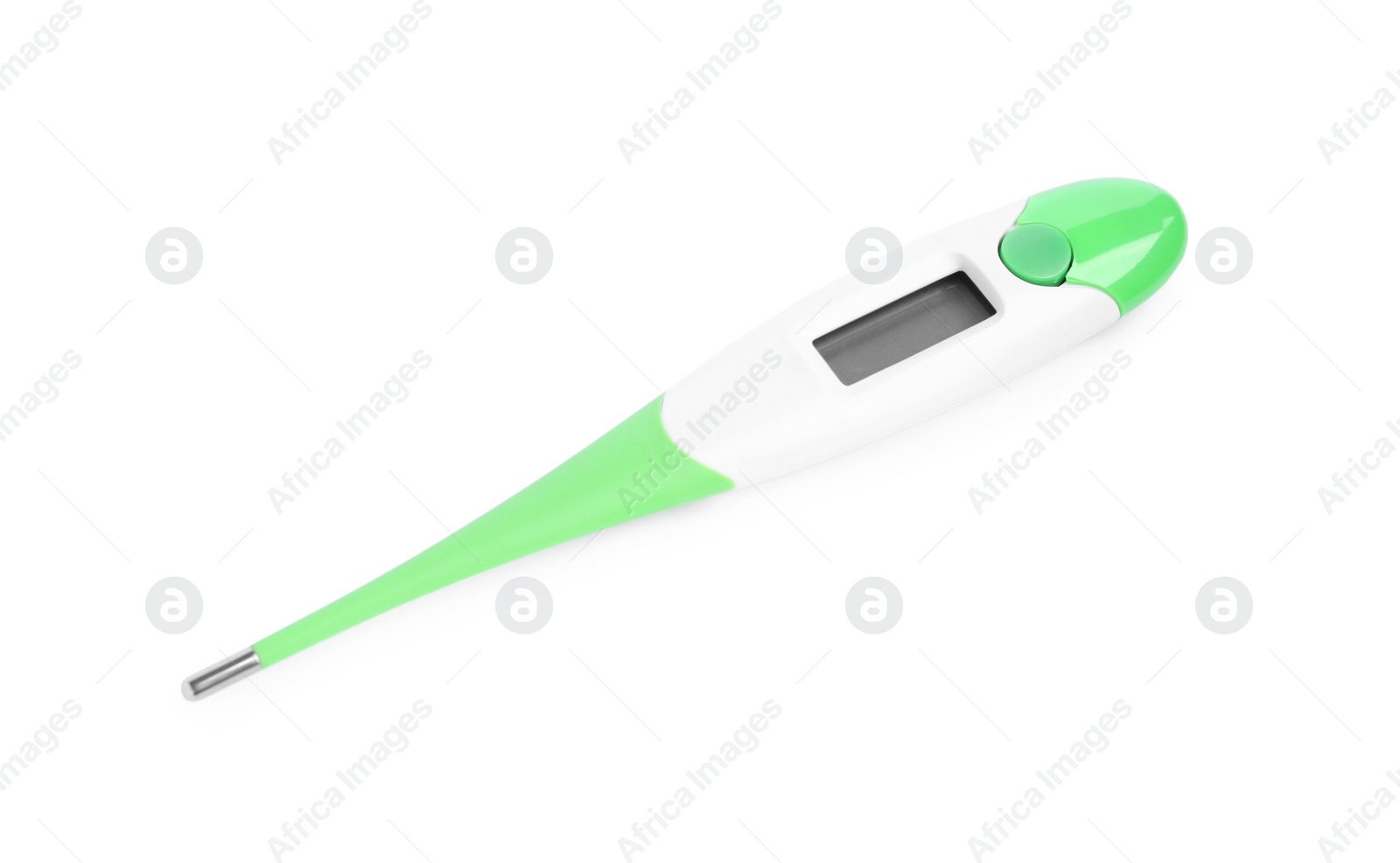 Photo of Modern digital thermometer on white background. Measuring temperature