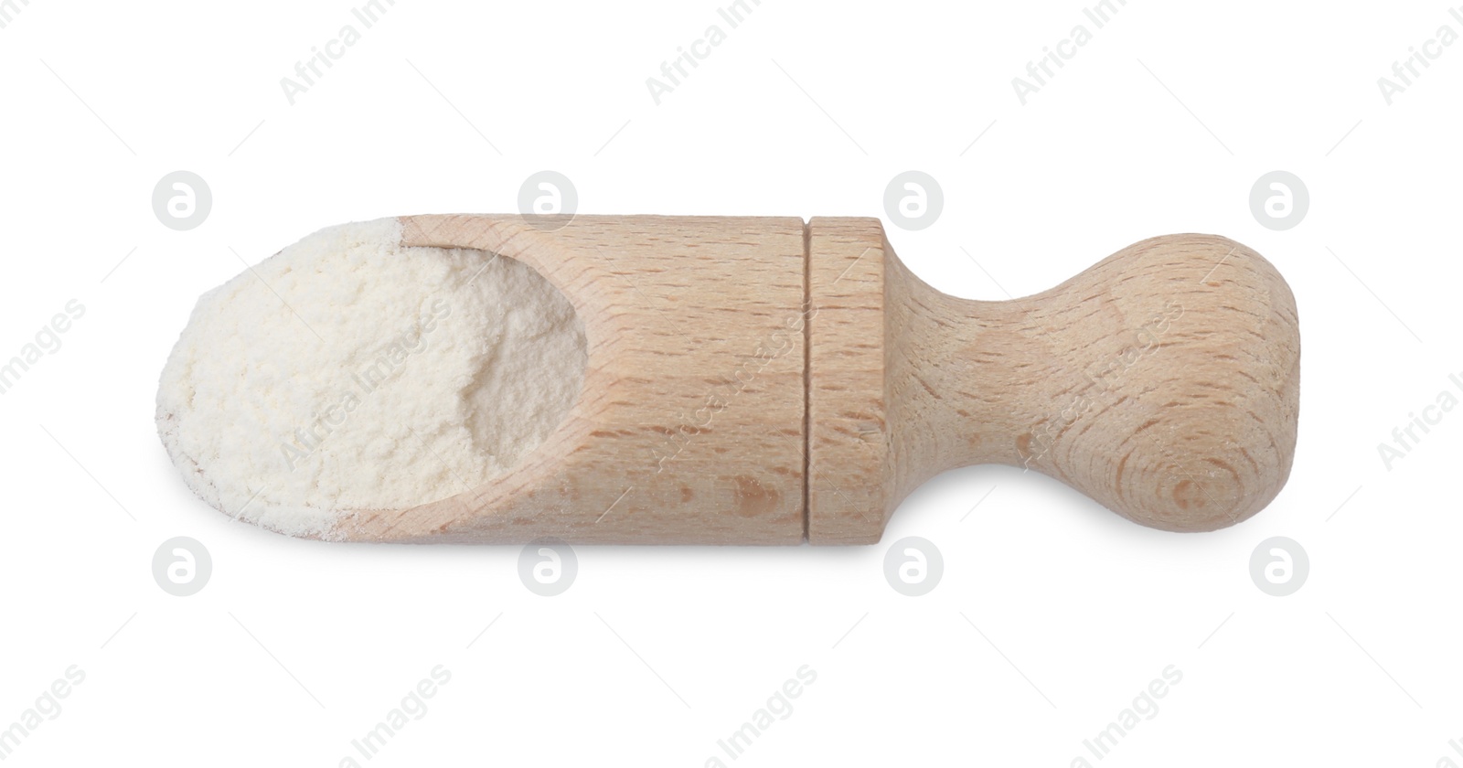 Photo of Baking powder in scoop isolated on white, top view