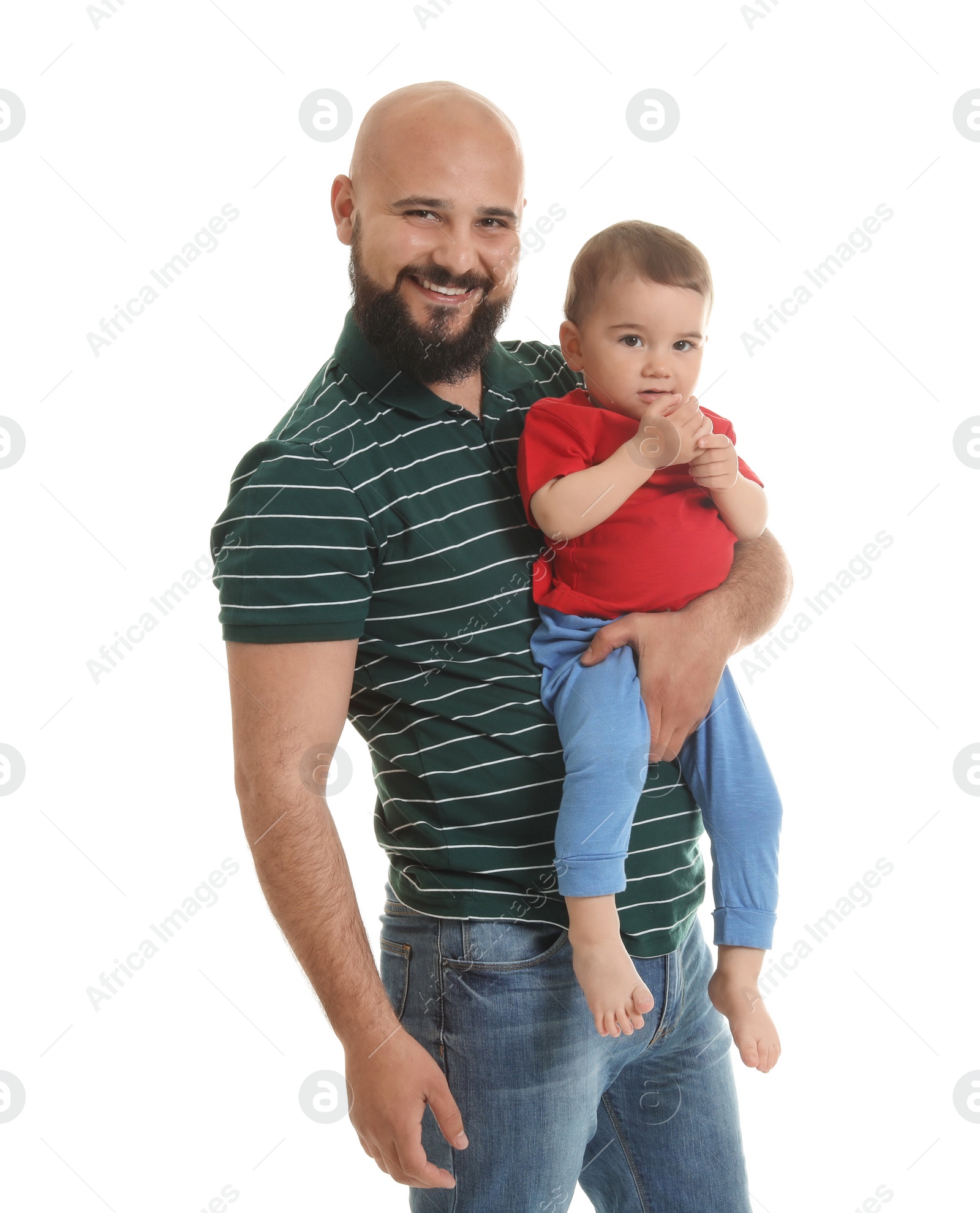 Photo of Portrait of dad and his little son on white background