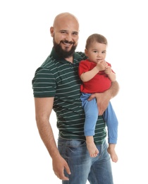 Photo of Portrait of dad and his little son on white background