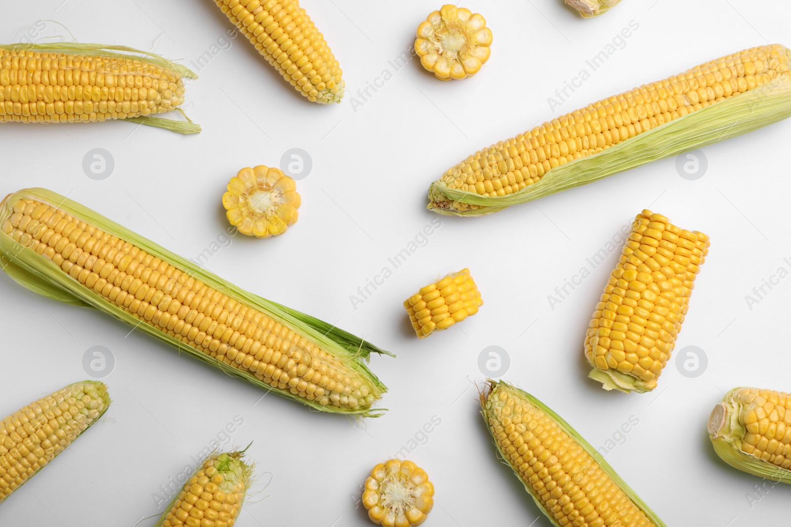 Photo of Flat lay composition with tasty sweet corn cobs on white background