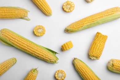 Photo of Flat lay composition with tasty sweet corn cobs on white background