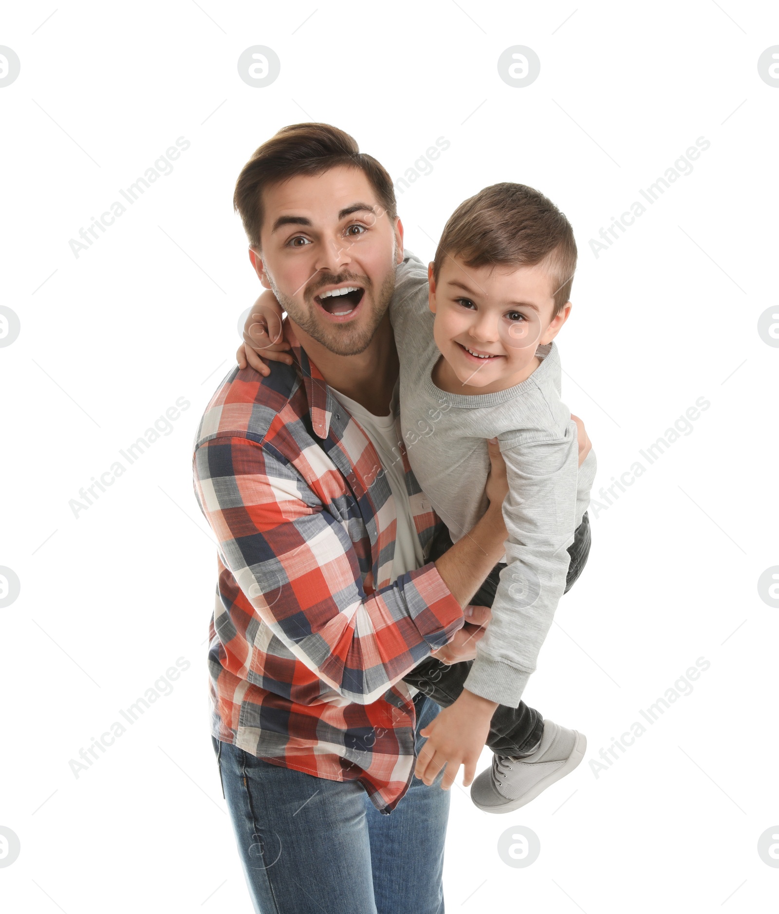 Photo of Portrait of dad playing with his son isolated on white