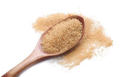 Photo of Wooden spoon and brown sugar on white background, closeup