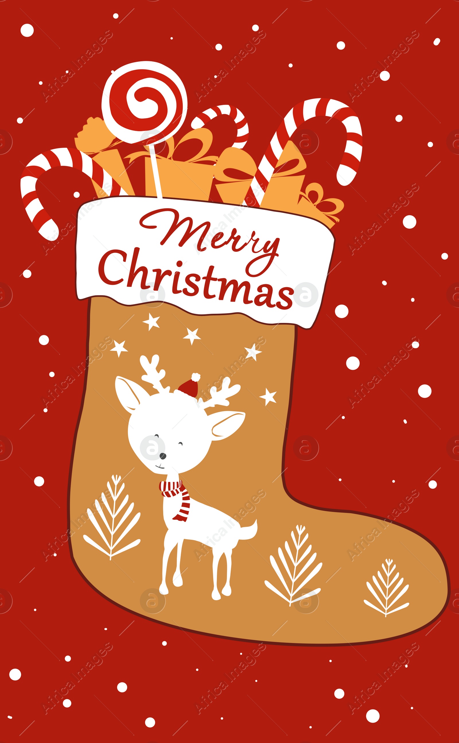 Illustration of Festive card design. Christmas stocking with text Merry Christmas on red background