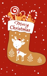 Illustration of Festive card design. Christmas stocking with text Merry Christmas on red background